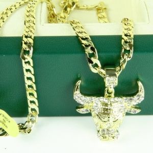 Mens "Alex" 14k Gold Plated Iced Out Bull Necklace